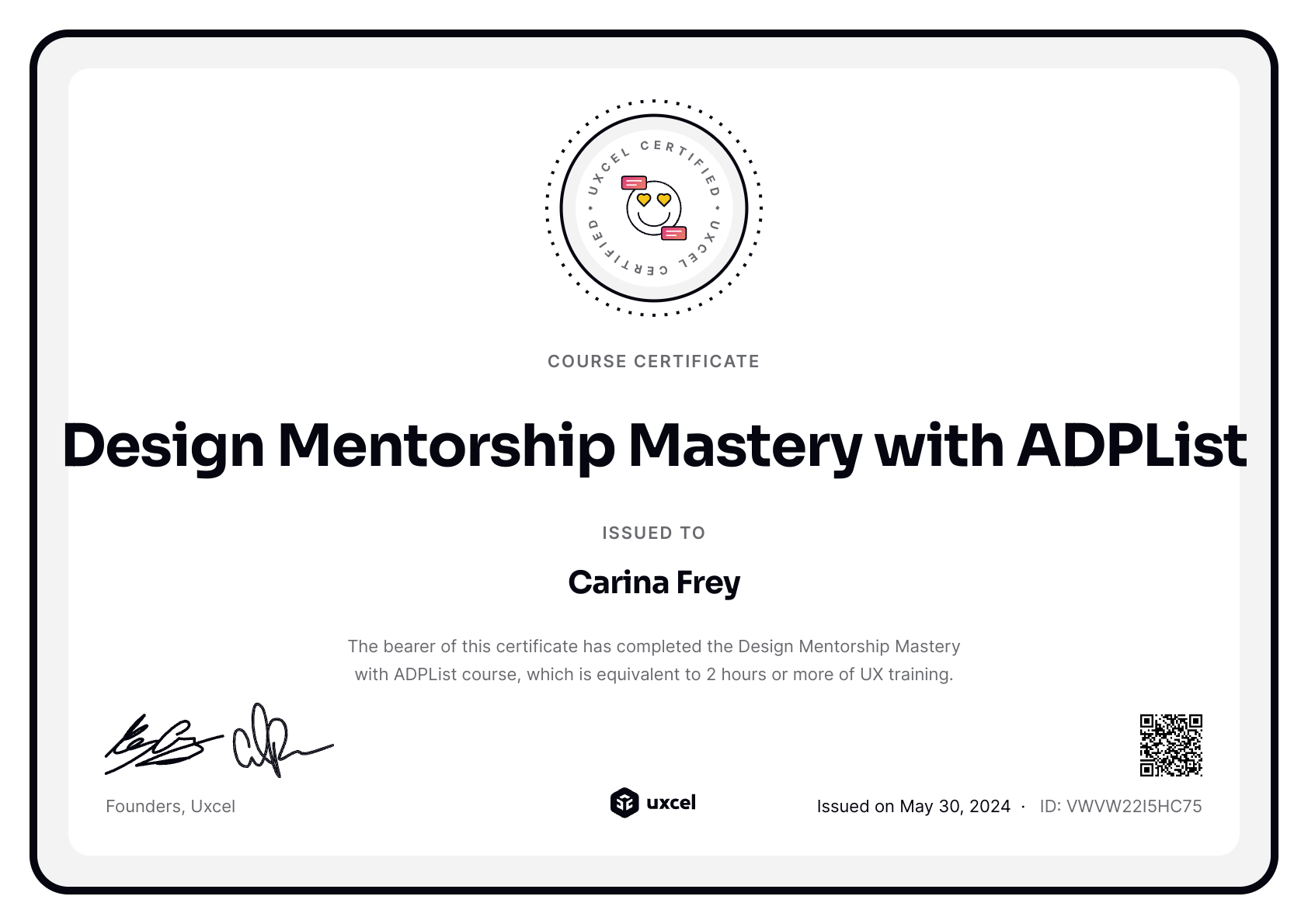 Carina Frey's certificate